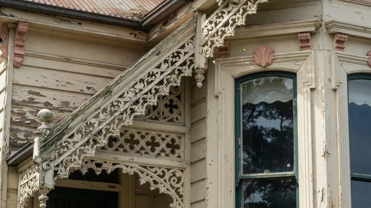 Close-up of villa barge board and window trim period detail
