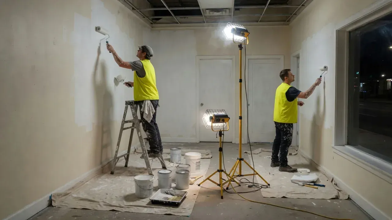 Commercial painters working with drop sheets in an empty retail space after hours