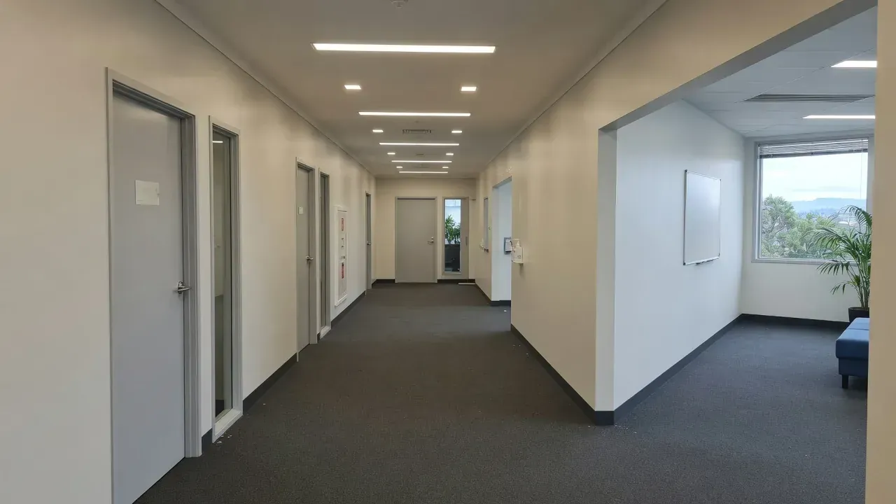 Freshly painted commercial office corridor in a New Zealand business premises