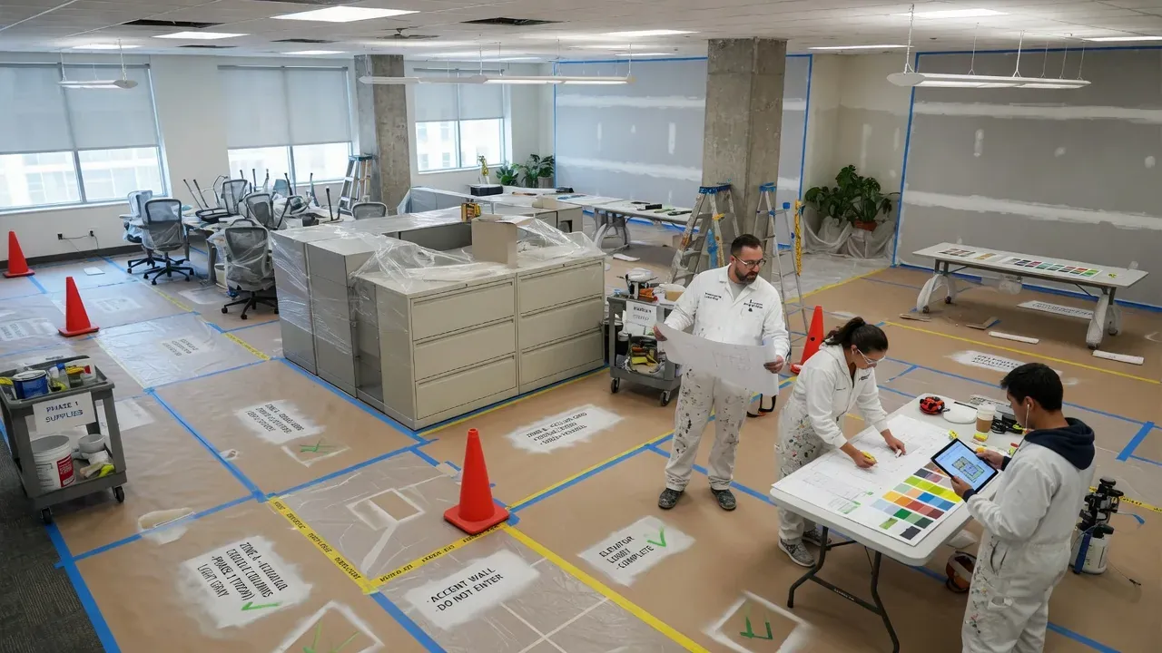 Phased commercial painting zones marked in an office floor plan concept