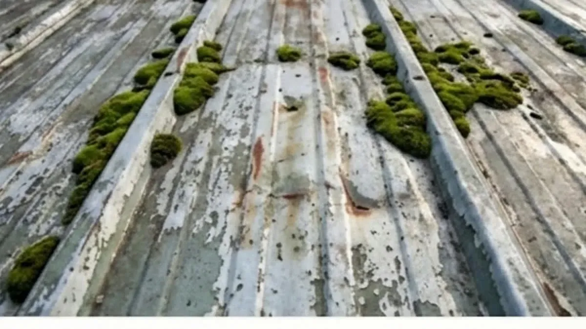 Moss on a stone-chip roof needing treatment before restoration