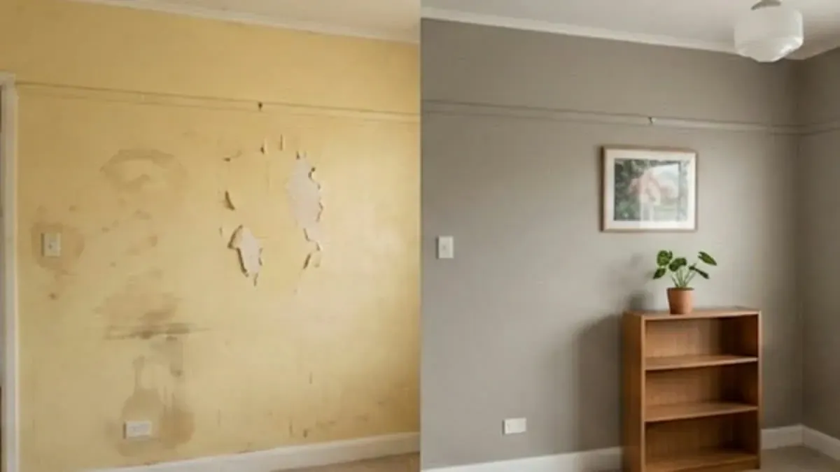 Before and after interior repaint: damaged yellow walls versus a refreshed painted room