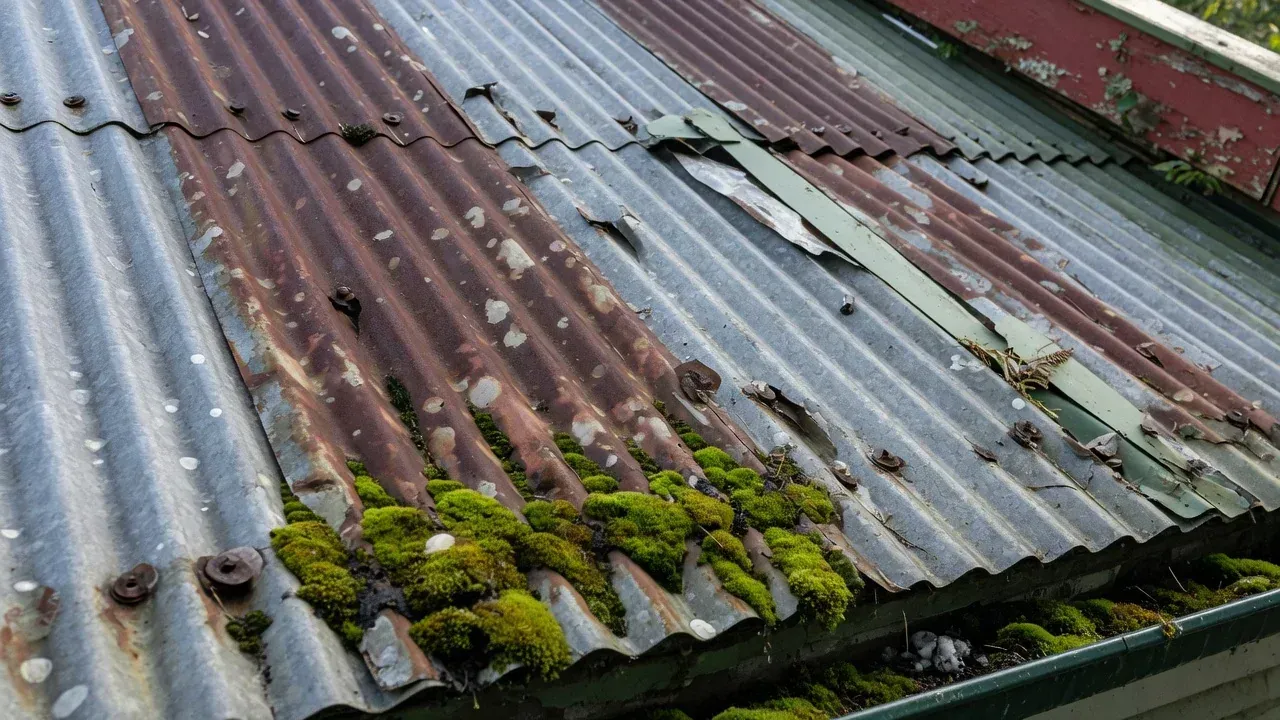 Close-up of moss and corrosion on metal roof sheets needing roof painting in Hamilton