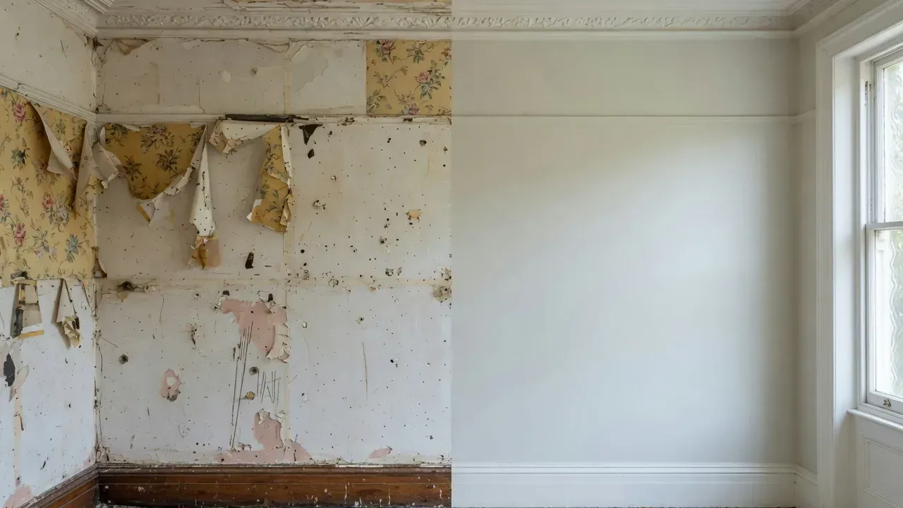Before and after skim coating after wallpaper removal