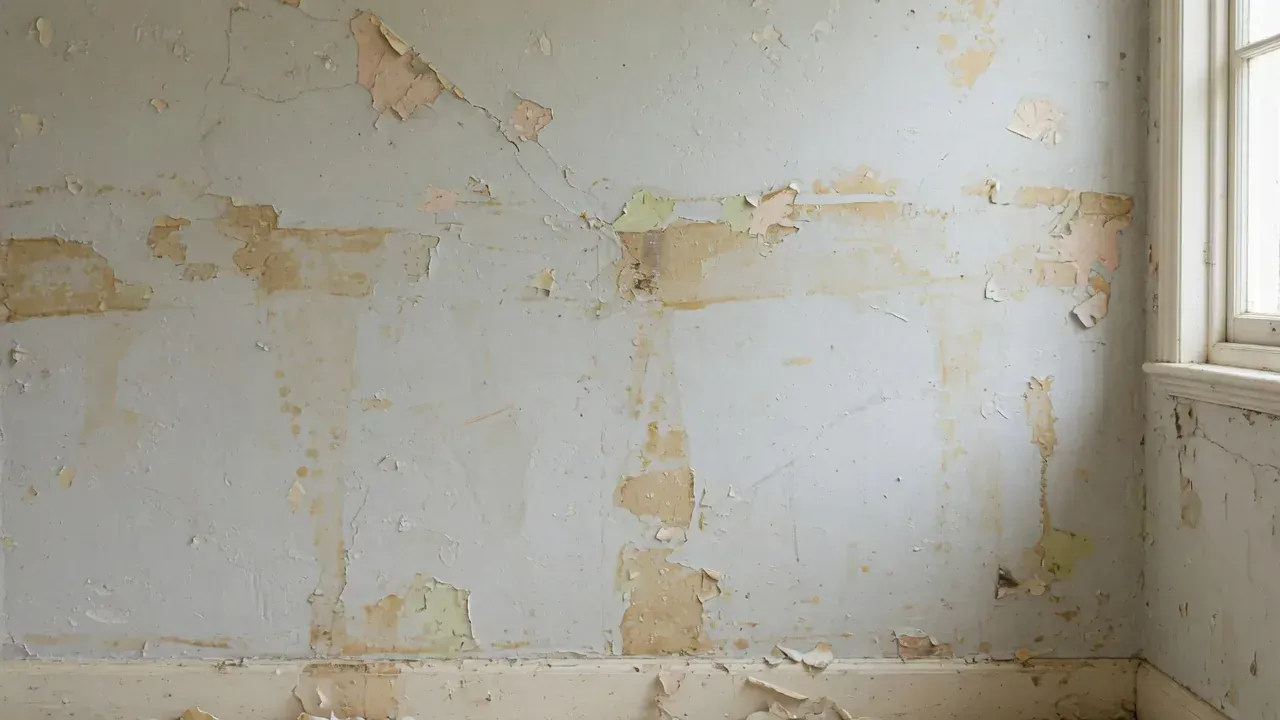 Damaged wall face after wallpaper stripping showing adhesive and torn paper