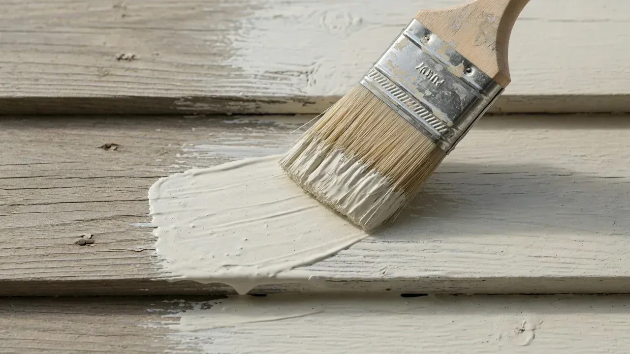 Close-up of a brush applying exterior coating to a weatherboard edge