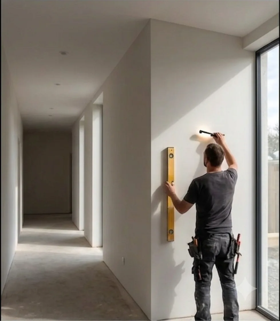 Plasterer checking a freshly plastered wall for a flat, level finish