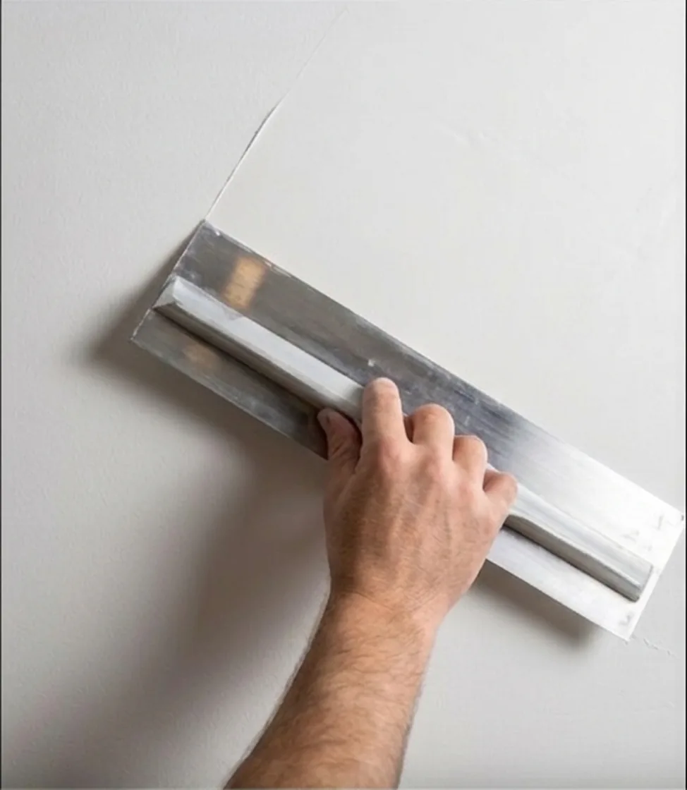 Skim coat being applied to a smooth wall with a plastering blade