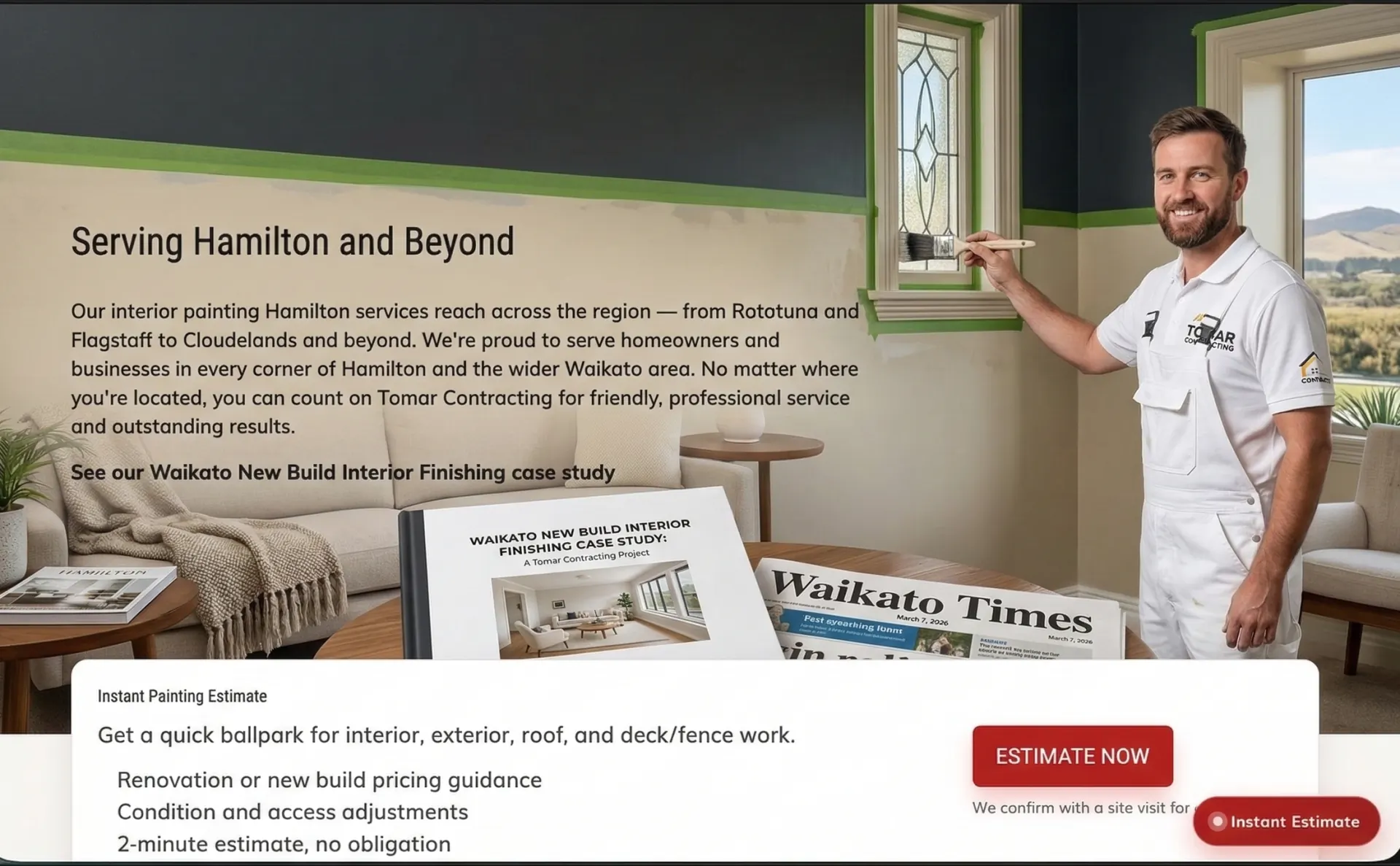 Tomar Contracting painter in uniform painting a feature wall in a Hamilton living room while project materials are shown in the foreground.